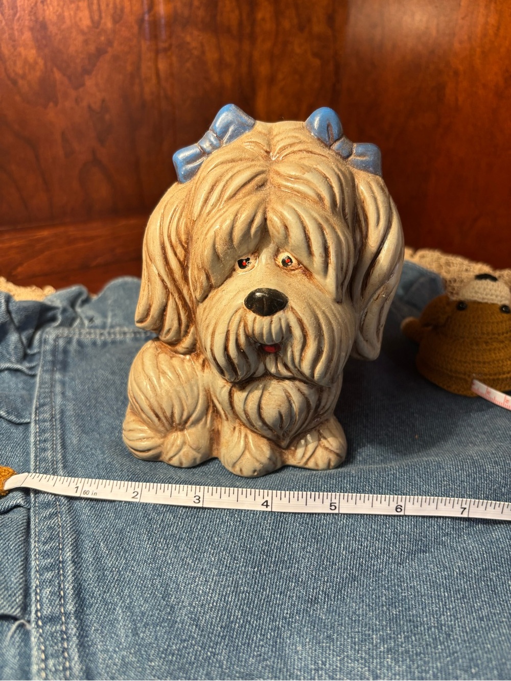 Ceramic Shaggy Dog Figurine with Blue Bows - Decorative Pet Accent